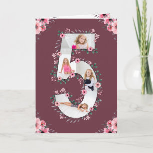 Carte Big 5th Birthday Girl Photo Collage Fleur rose