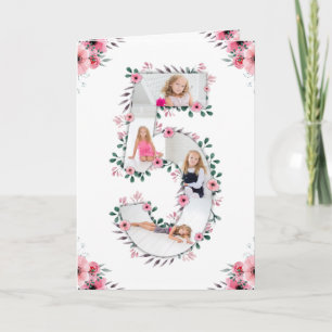 Carte Big 5th Birthday Girl Photo Collage Fleur rose