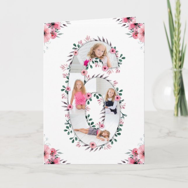 Carte Big 6th Birthday Girl Photo Collage Fleur rose (Devant)
