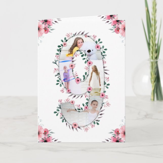 Carte Big 9th Birthday Girl Photo Collage Fleur rose (Devant)