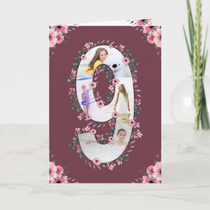 Carte Big 9th Birthday Girl Photo Collage Fleur rose