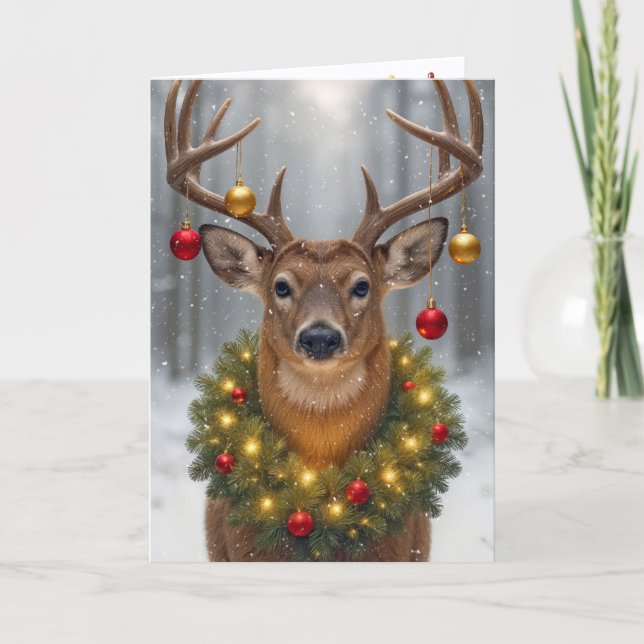 Carte Big Buck Wearing a Glowing Christmas Wreath (Devant)