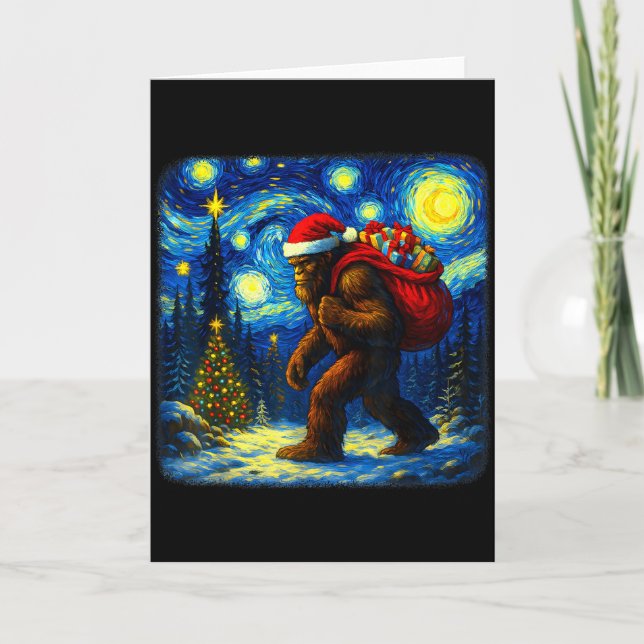 Carte Bigfoot Santa Christmas Starry Night Sasquatch Van (Devant)