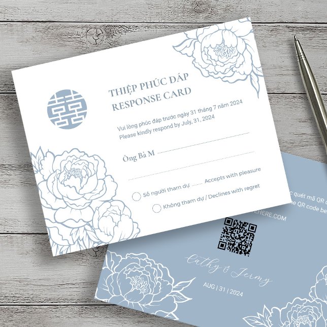 Carte Bilingue Vietnamienne Peony Chanson Hy Dusty Blue  (Créateur téléchargé)