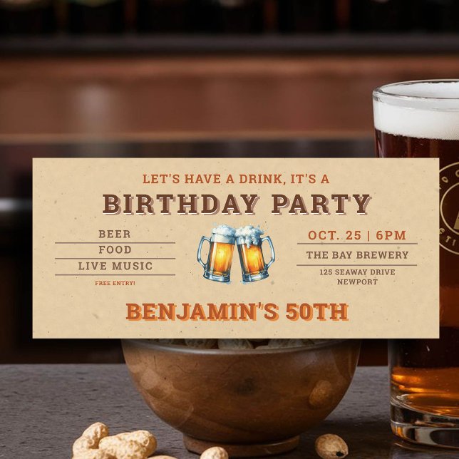 Carte Billet brasserie à thème pour hommes 50e anniversa (men's 50th birthday party invitation beer themed brewery backyard oktoberfest kraft rustic)