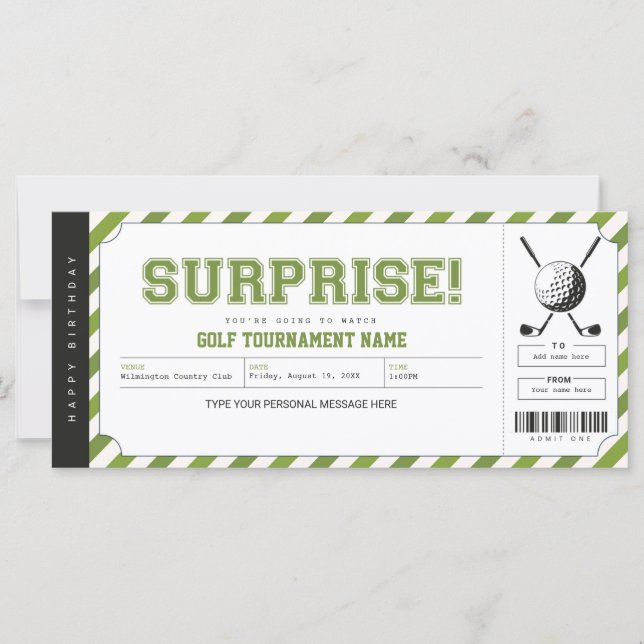 Carte Billet cadeau personnalisé Tournoi de golf Surpris (Devant)