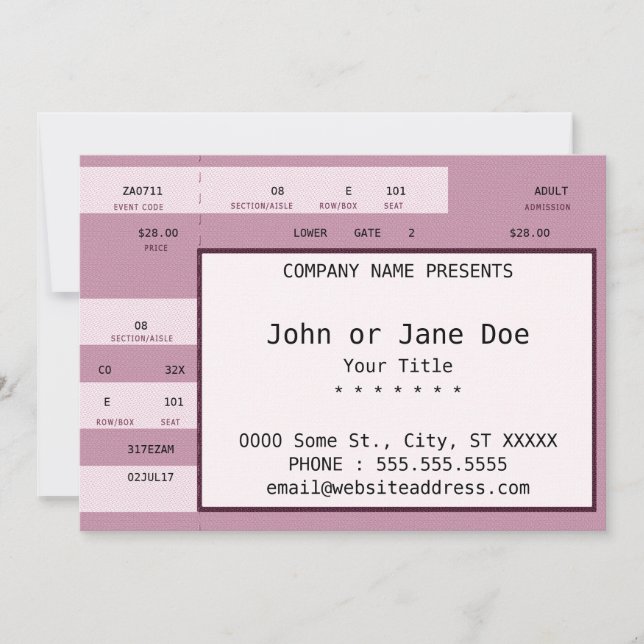 Carte billet de concert rose (Devant)