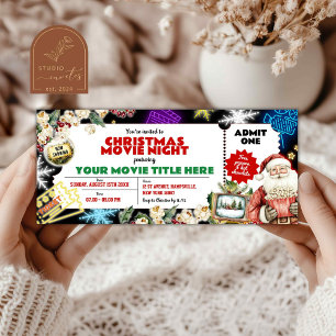 Carte Billet pour une soirée cinéma de Noël sous néon
