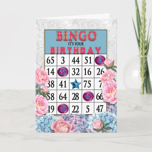 Carte Bingo Anniversaire et Fleurs Roses Bleues (Devant)