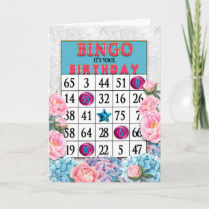 Carte Bingo Anniversaire et Fleurs Roses Bleues