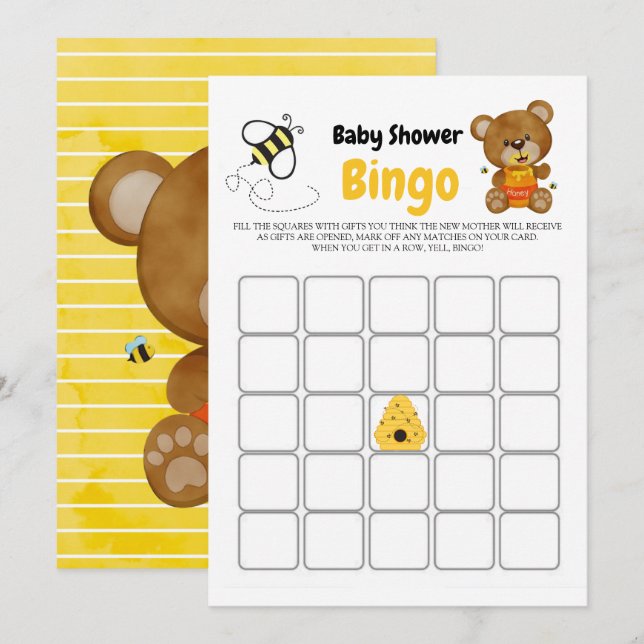 Carte Bingo de Baby Shower Ourson Mignon Abeille à Miel (Devant / Derrière)