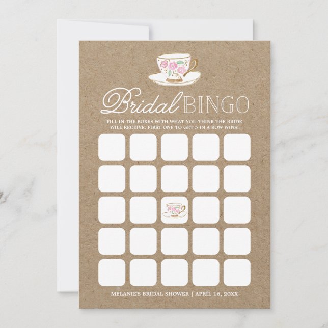 Carte Bingo de thé moderne rustique | Enterrement de vie (Devant)