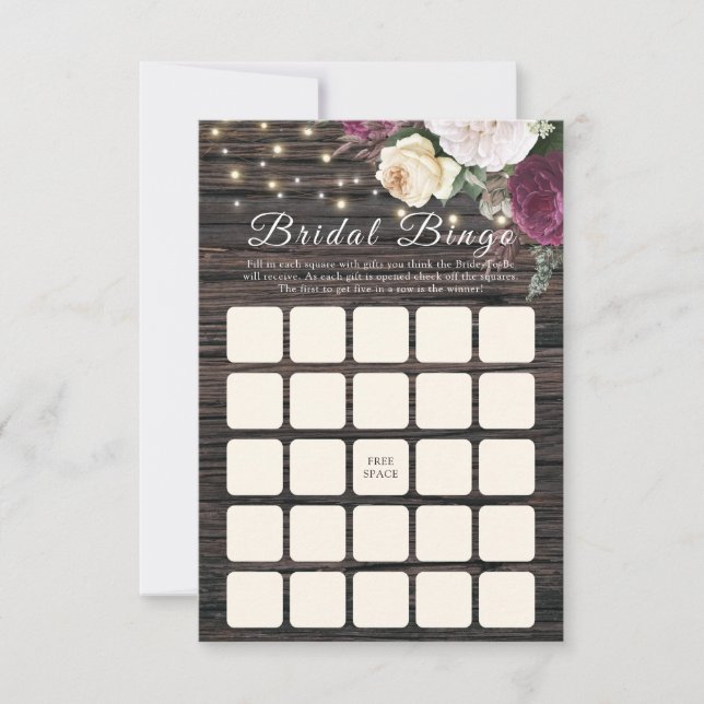 Carte Bingo nuptiale Mariage en bois rustique (Devant)