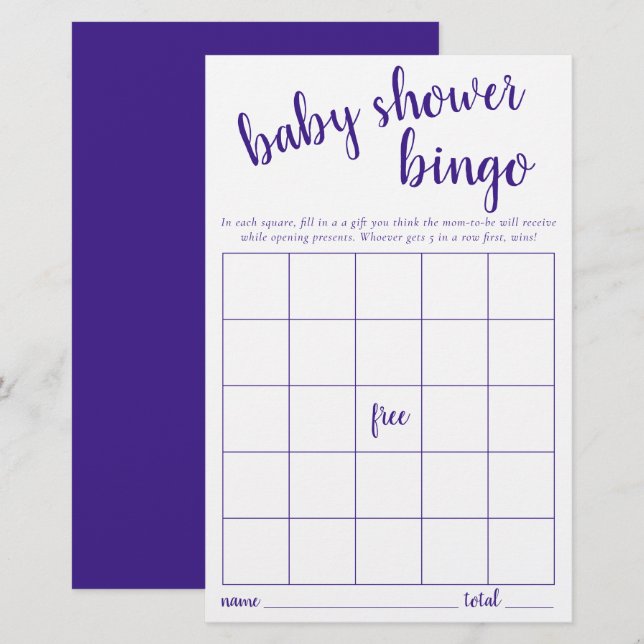 Carte Bingo simple | Jeu de Baby shower pourpre (Devant / Derrière)