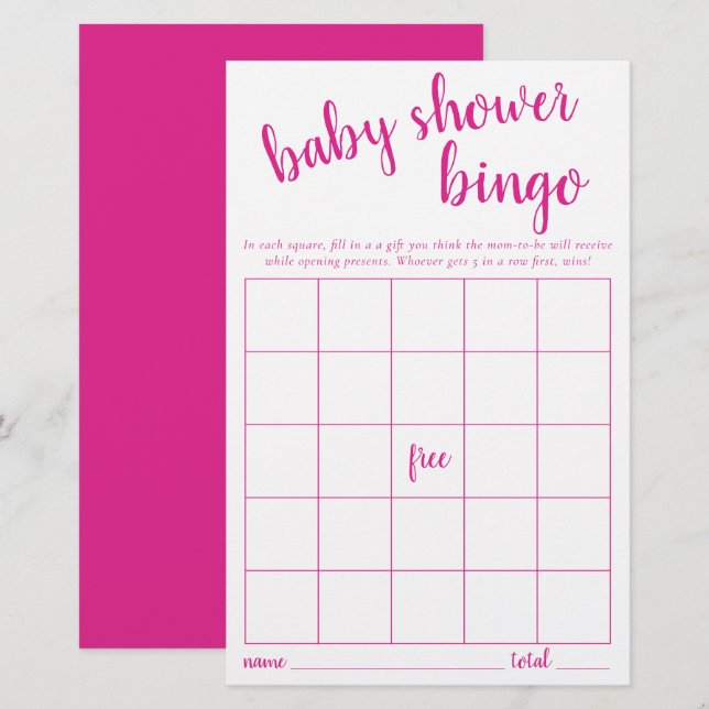Carte Bingo simple | Jeu de Baby shower rose chaud (Devant / Derrière)