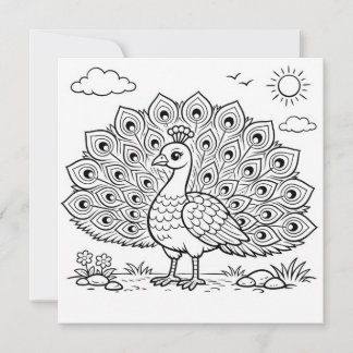 Carte Bird Coloring Page Peacock Flat Card