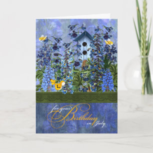 Carte Birdhouse dans un jardin de Larkspur pour juillet 