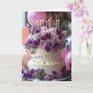 Carte Birthday Cake Purple Pansies Hydrangea Birthday