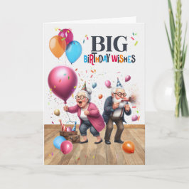 Carte Birthday Funny Old Man and Woman with Balloons