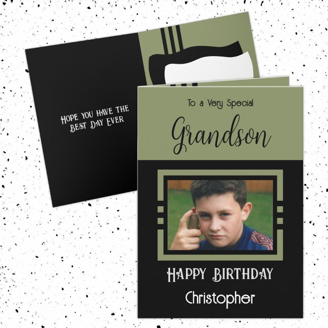 Carte Birthday Grandson ajouter nom photo vert noir (Créateur téléchargé)