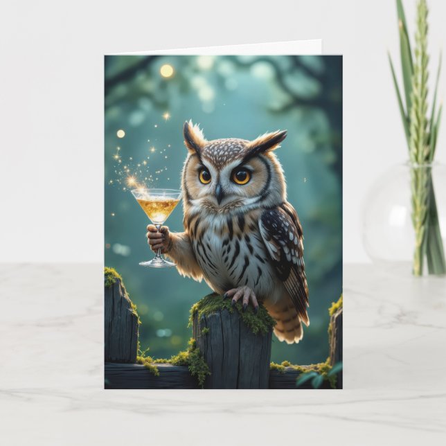 Carte Birthday Owl Holding a Cocktail In a Forest (Devant)
