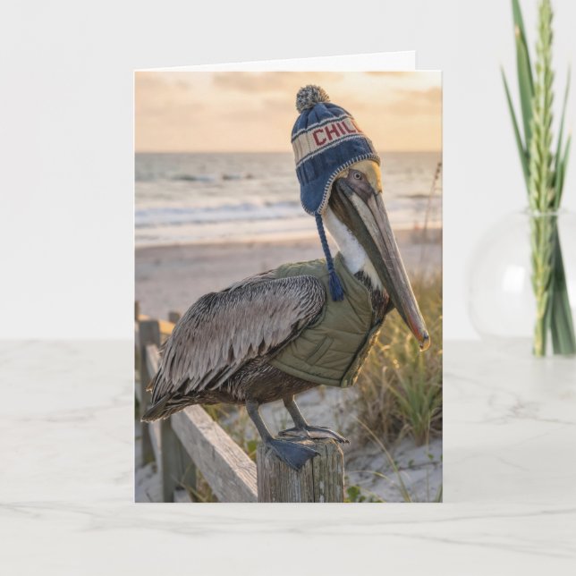 Carte Birthday Pelican Wearing a Winter Hat (Devant)