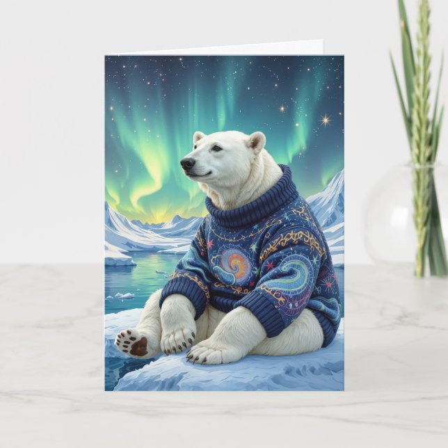 Carte Birthday Polar Bear Sitting Under Northern Lights (Devant)