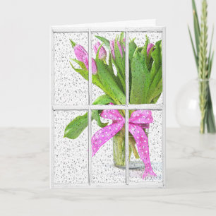 Carte birthday rain on window with tulips