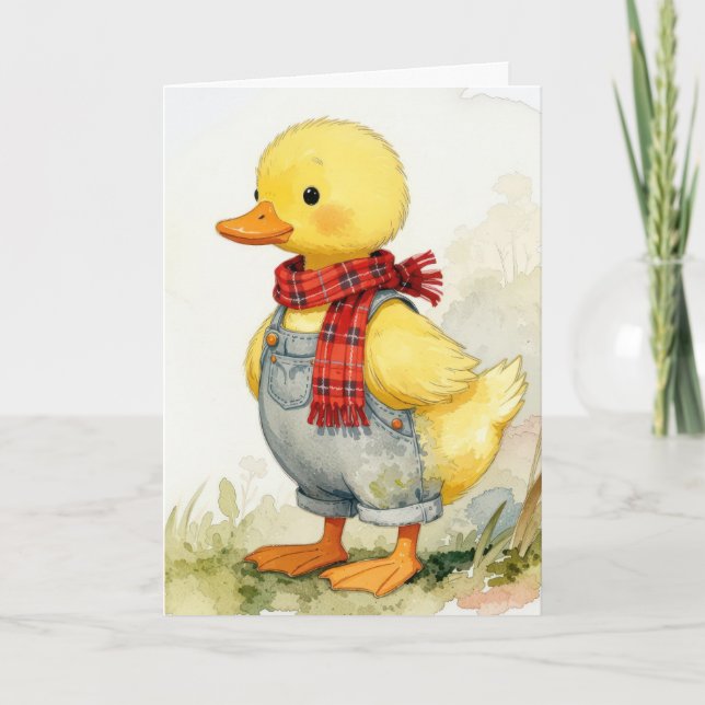 Carte Birthday Watercolor Duck In Overalls (Devant)