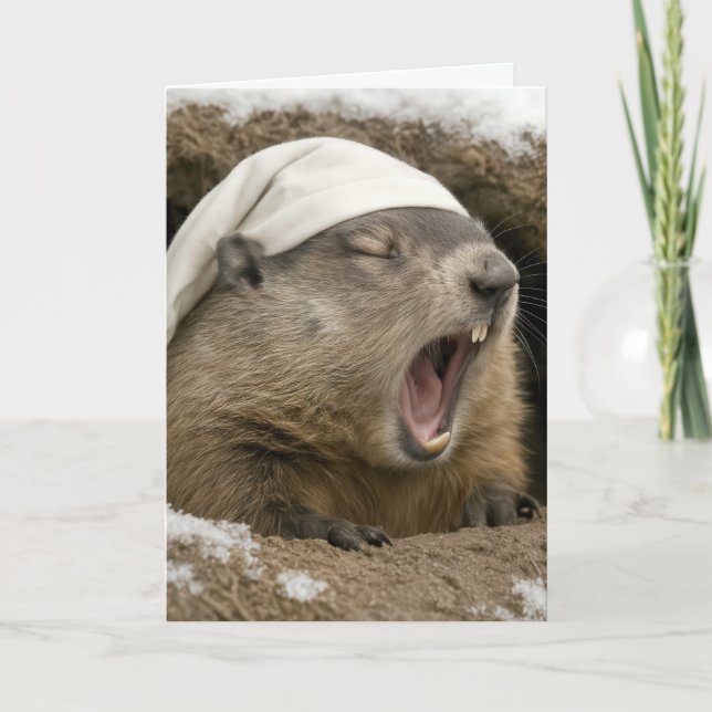 Carte Birthday Yawning Groundhog Wearing a Nightcap (Devant)
