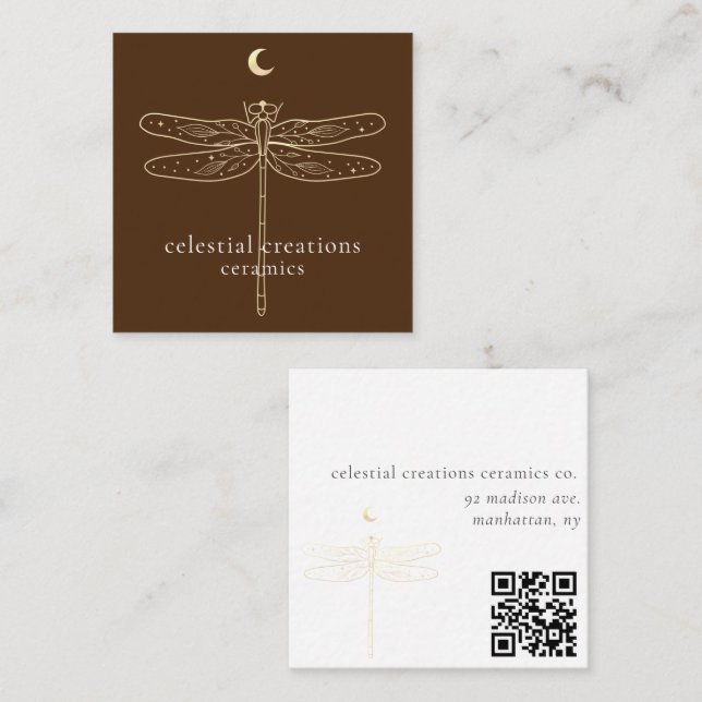 Carte Biz Carré Brown Code QR de la libellule céle (Devant / Derrière)