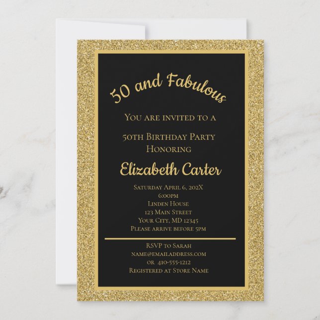 Carte Black and Gold Parties scintillant 50 et Fabulous  (Devant)