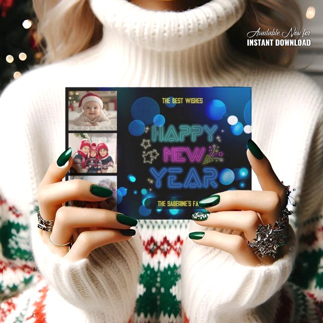 Carte Black & Blue Midnight Sparkle Neon Glow New Year  (Créateur téléchargé)