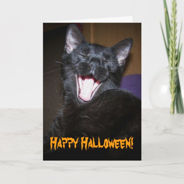 Carte Black Cat Big Yawn Happy Halloween Salutation (Devant)