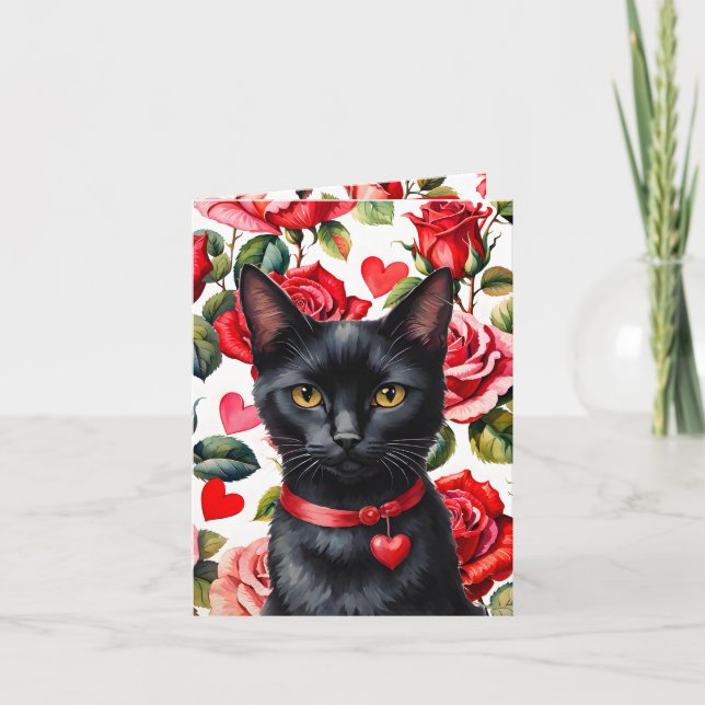 Carte Black Cat Maximalist Roses & Hearts Pun Valentine (Devant)