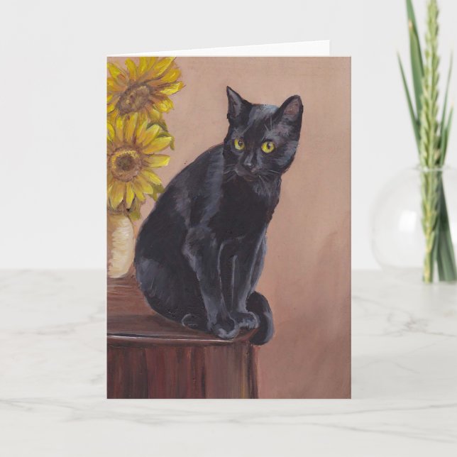 Carte Black Cat & Sunflowers Art Grey Card (Devant)