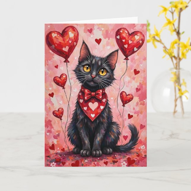 Carte Black Cat Valentine Sitting with Hearts Red (Fleur jaune)