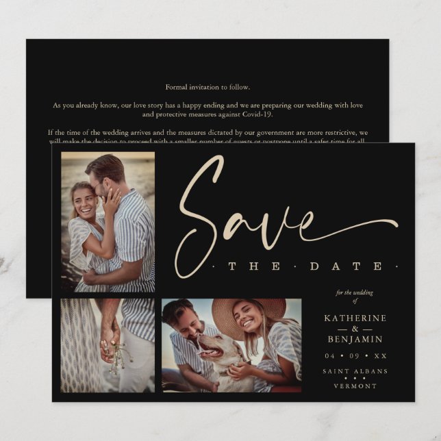 Carte Black Chic Trendy Collage Wedding Covid19 3 Photos (Devant / Derrière)