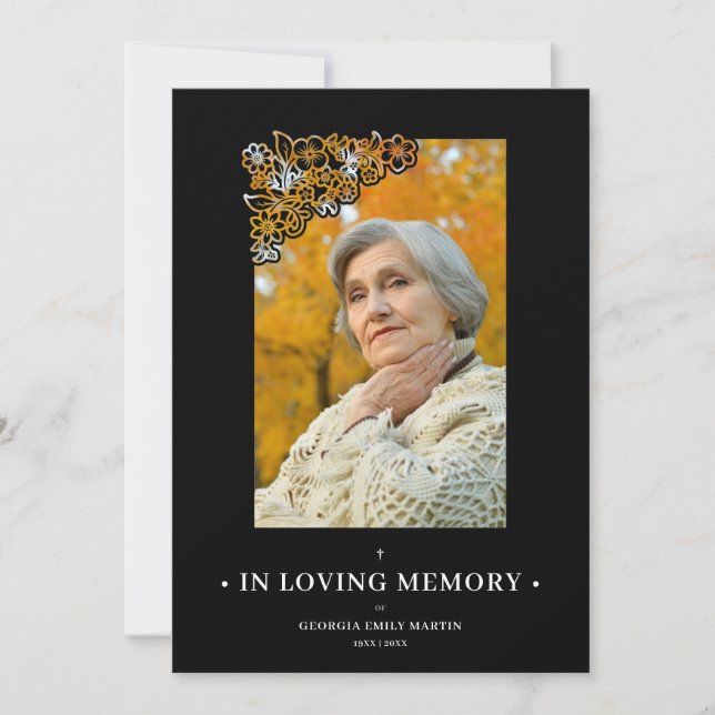 Carte Black Floral Frame Elegant Photo Funeral (Devant)