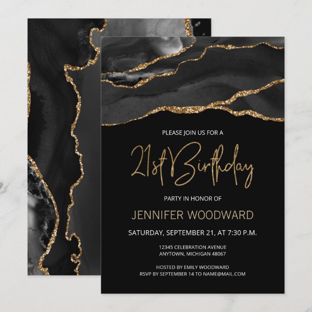 Carte Black Gold Agate 21e fête d'anniversaire (Devant / Derrière)