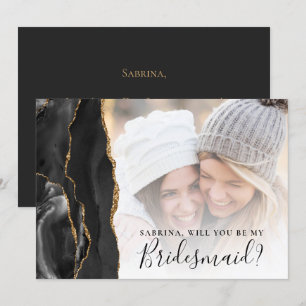 Carte Black Gold Agate Photo Bridesmaid Proposal