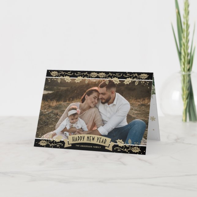 Carte Black Gold Snowflake Botanical Photo New Year Card (Devant)