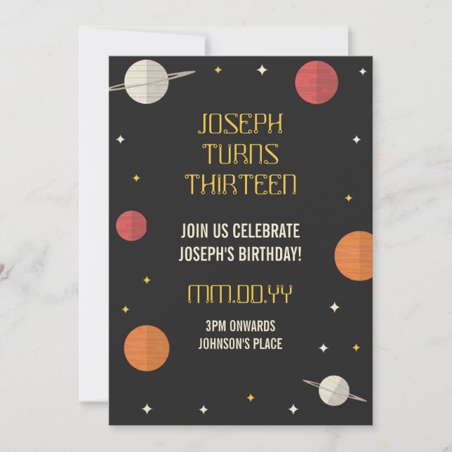 Carte Black & jaune moderne étoiles et planètes annivers (Devant)