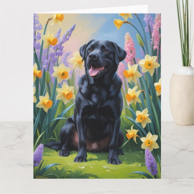 Carte Black Labrador Fleurs de printemps de chien Peintu (Devant)