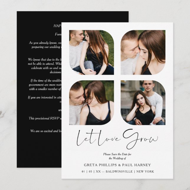 Carte Black Modern Chic Clover Collage 4 Photos Wedding (Devant / Derrière)