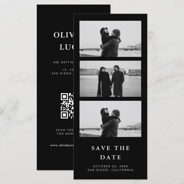 Carte Black Photo Strip QR Code Mariage Enregistrer La D (Devant / Derrière)