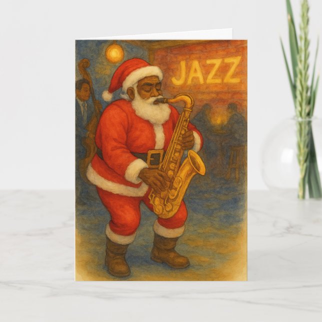 Carte Black Santa Jazz Saxophone Christmas Card (Devant)