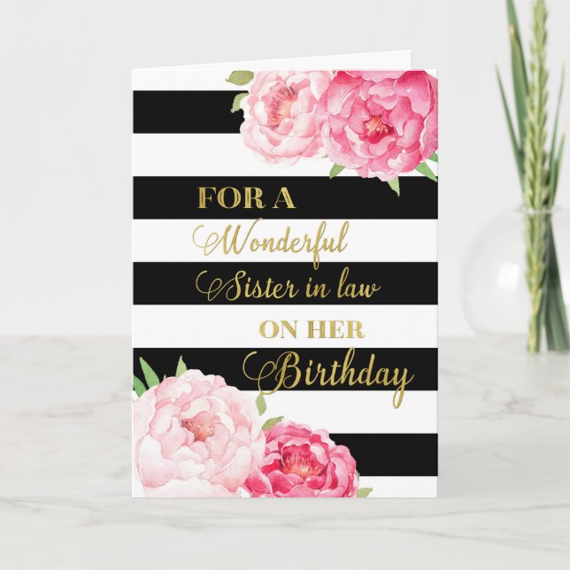 Carte Black Stripes Fleurs roses Soeur en droit Annivers (Devant)
