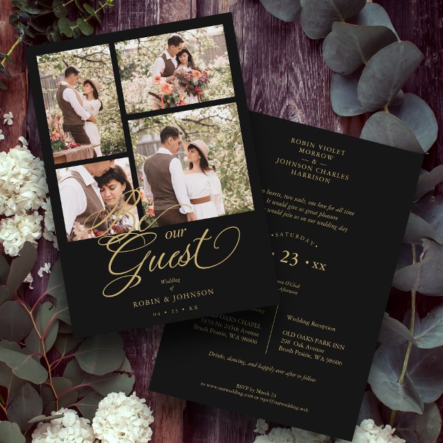 Carte Black Trendy Collage 4 Photos Fancy Script (Créateur téléchargé)