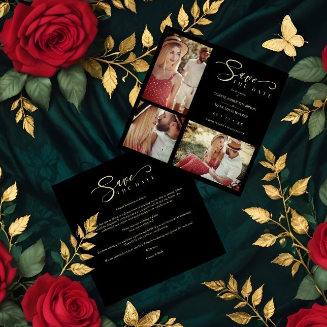 Carte Black Trendy Collage Wedding 3 Photos (Stylish Black Trendy Collage Wedding 3 Photos Save the Dates Cards)